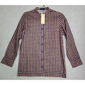 Saaksha & Kinni Indigo Gold Polka Dot Mandarin Collar Button Down Shirt Blouse L